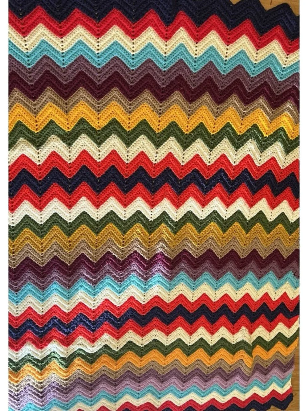Vintage Afghan Crochet Handmade Chevron Zig Zag Granny Core Blanket 79” X 62”